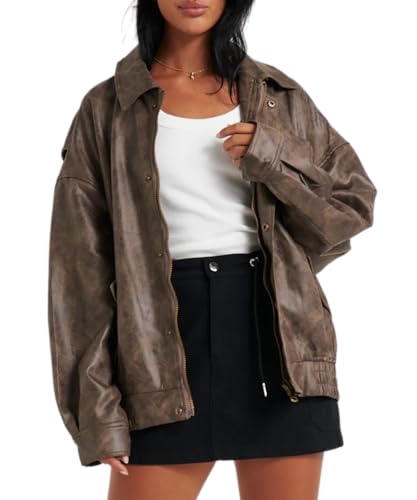 Women's Faux Leather Jacket Zip Up Oversized Coat Kenny Bomber